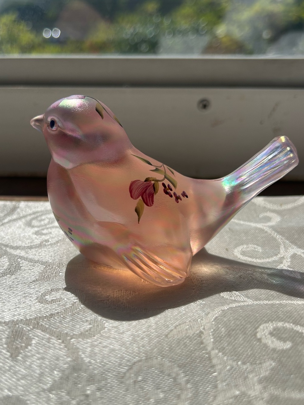 Fenton pink hand painted glass bird